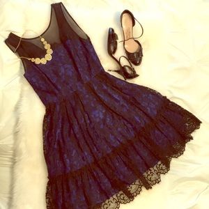 Anthropologie blue and black lace cocktail dress